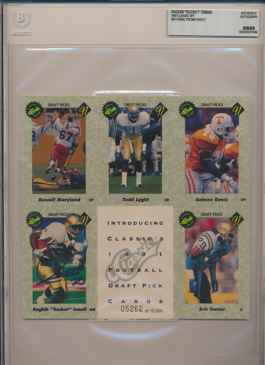 ROCKET ISMAIL ND Irish SIGNED 1991 Classic #P1 NATIONAL SHEET BGS BAS SLAB AUTO 10