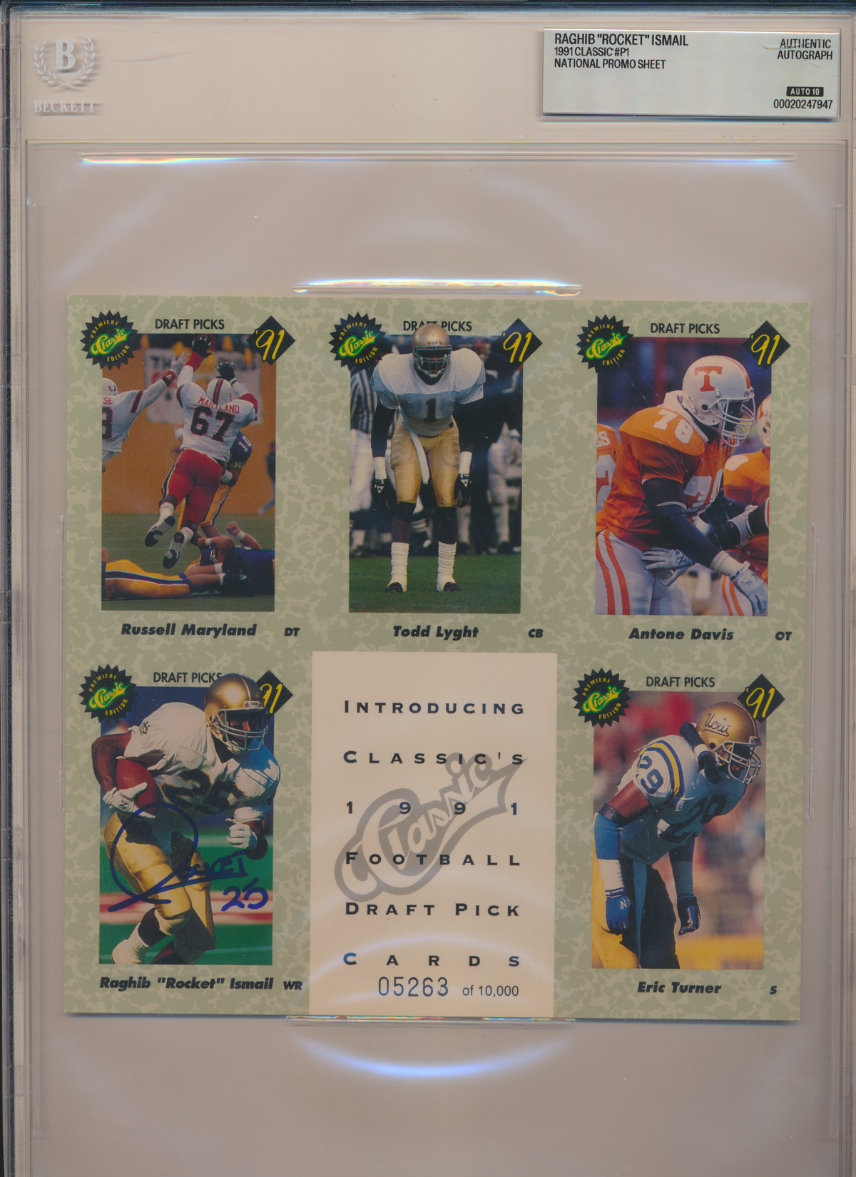 ROCKET ISMAIL ND Irish SIGNED 1991 Classic #P1 NATIONAL SHEET BGS BAS SLAB AUTO 10