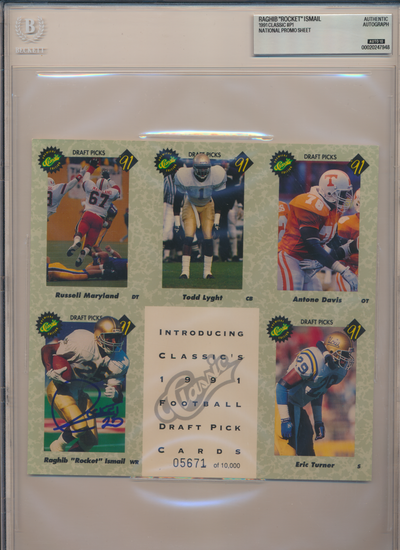 ROCKET ISMAIL ND Irish SIGNED 1991 Classic #P1 NATIONAL SHEET BGS BAS SLAB AUTO 10