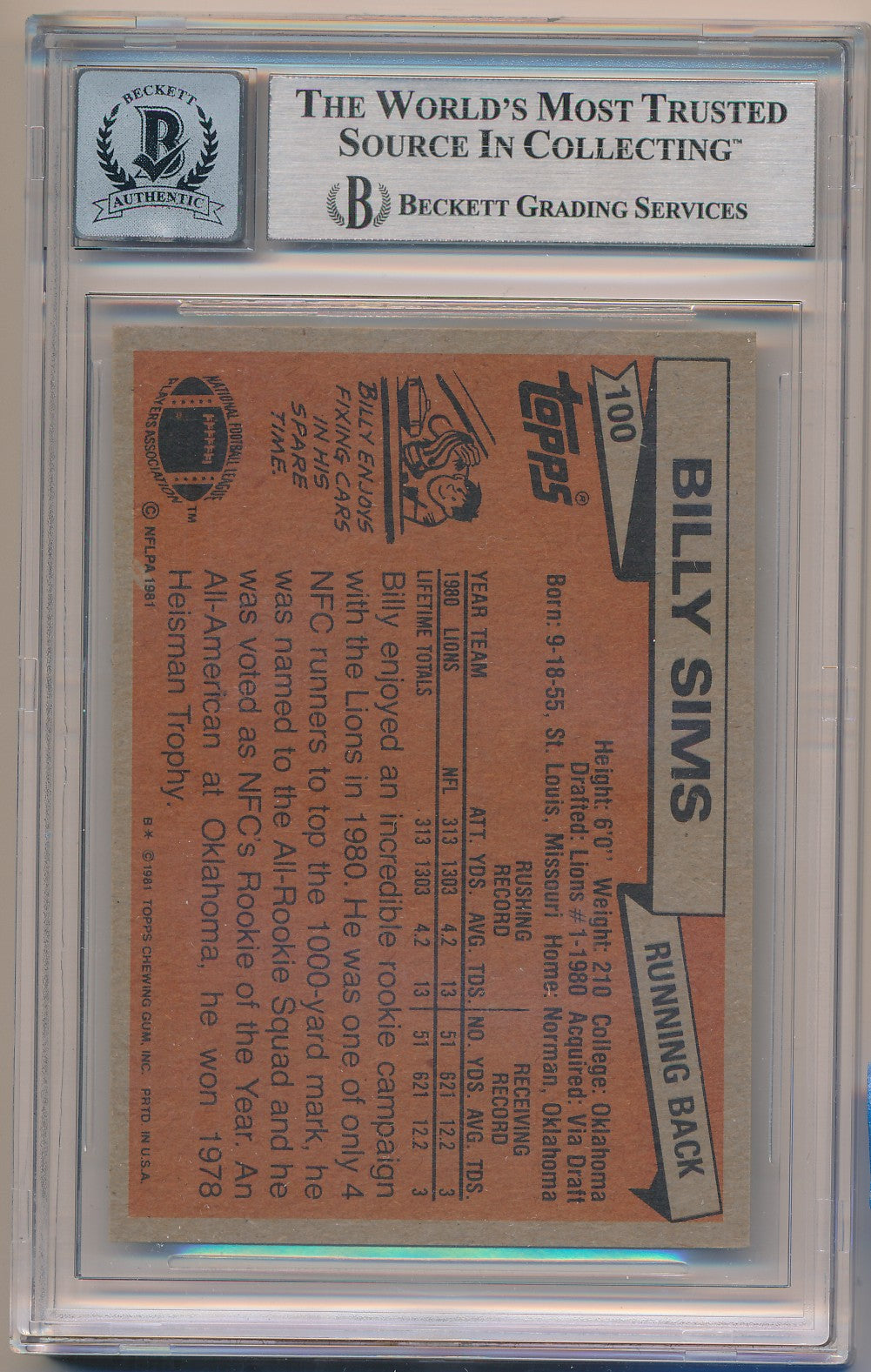 1981 TOPPS #100 BILLY SIMS AP AUTHENTIC AUTO BAS SLAB 10