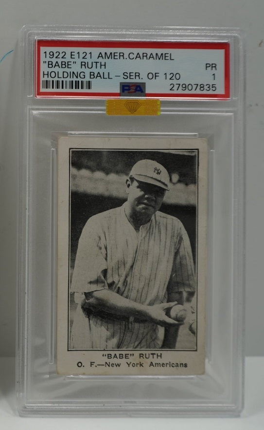 1922 E121 AMERICAN CARAMEL Babe Ruth HOLDING BALL PSA 1 MIKE BAKER GOLD DIAM