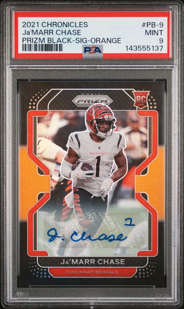 2021 Panini Chronicles Ja'Marr Chase Prizm Black Signatures Orange /75 #PB-9 PSA 9